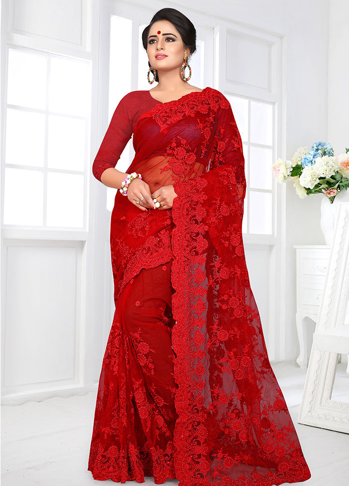 Red Organza Saree With Blouse Piece