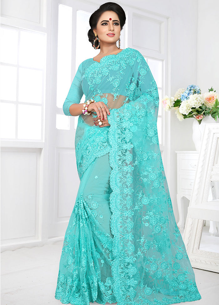 Turquoise Blue Organza Saree With Blouse Piece