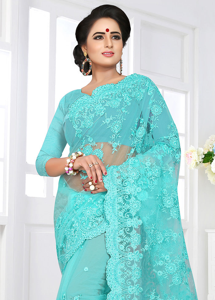 Turquoise Blue Organza Saree With Blouse Piece