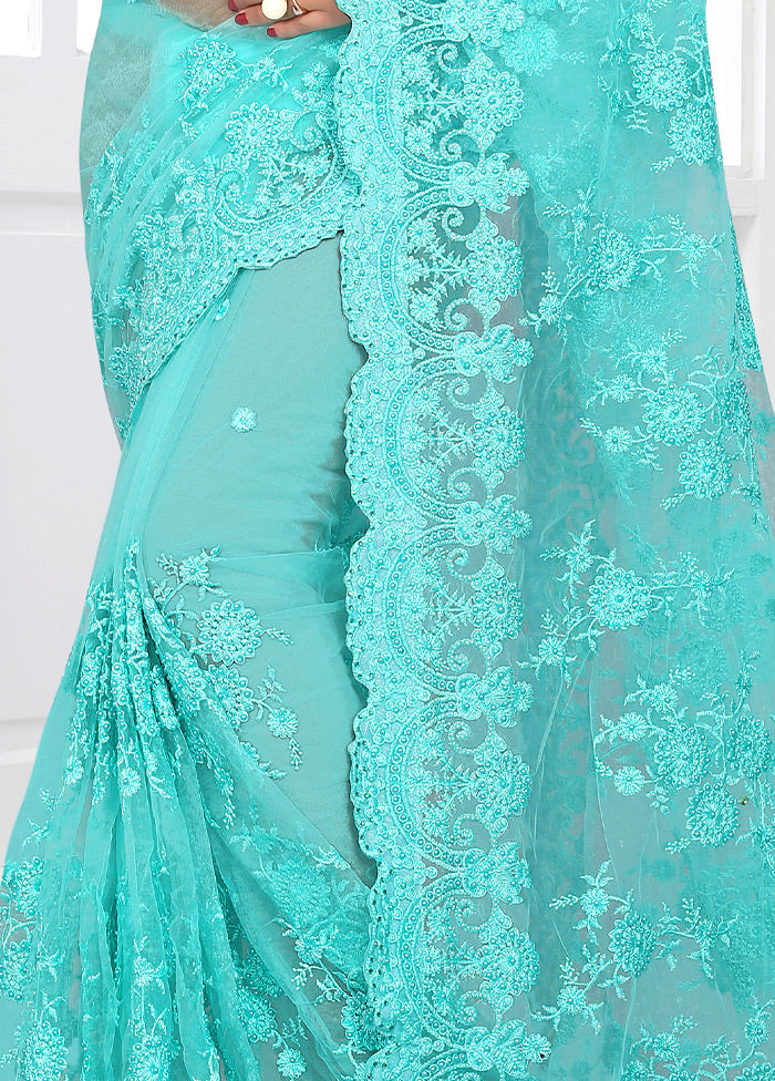 Turquoise Blue Organza Saree With Blouse Piece