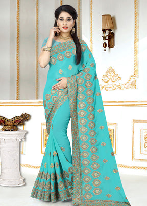 Turquoise Blue Georgette Saree With Blouse Piece