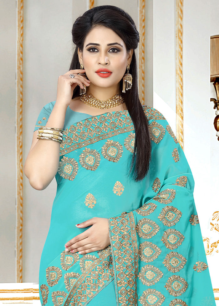 Turquoise Blue Georgette Saree With Blouse Piece