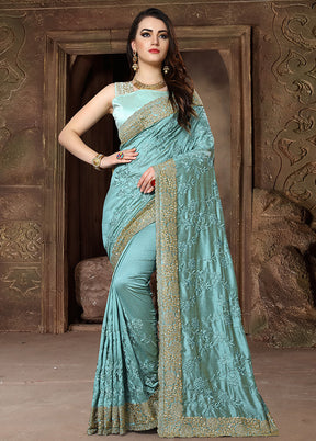 Turquoise Blue Dupion Silk Saree With Blouse Piece