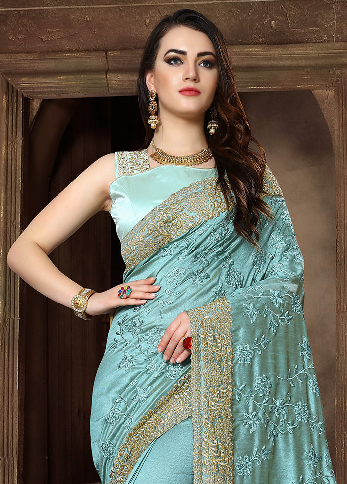 Turquoise Blue Dupion Silk Saree With Blouse Piece