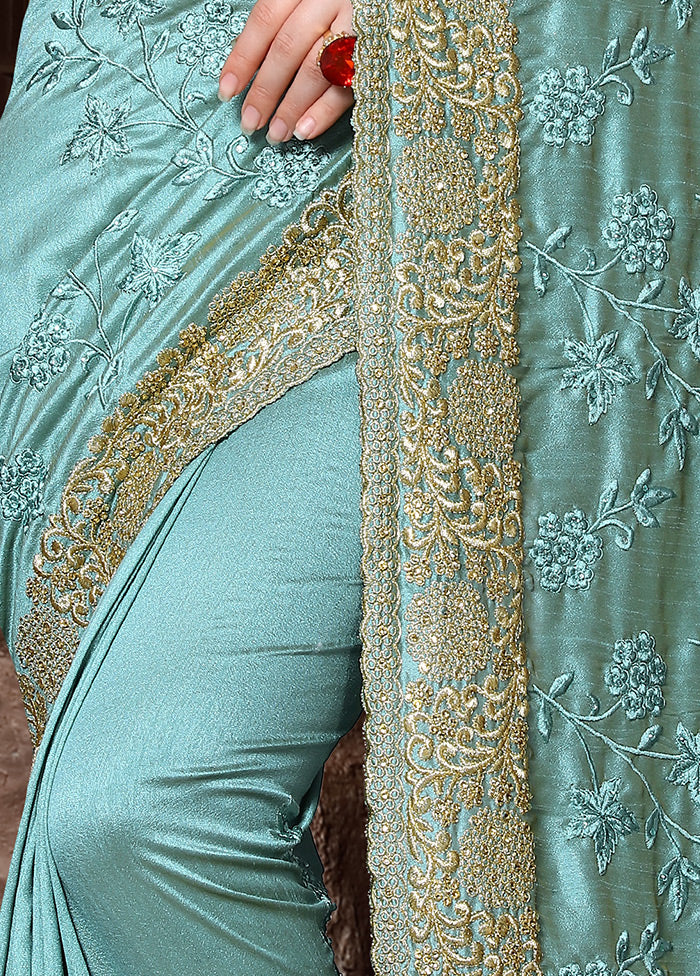 Turquoise Blue Dupion Silk Saree With Blouse Piece