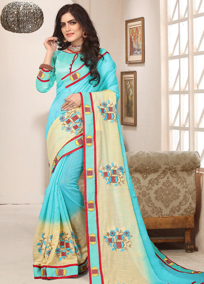 Sky Blue Cotton Saree With Blouse Piece