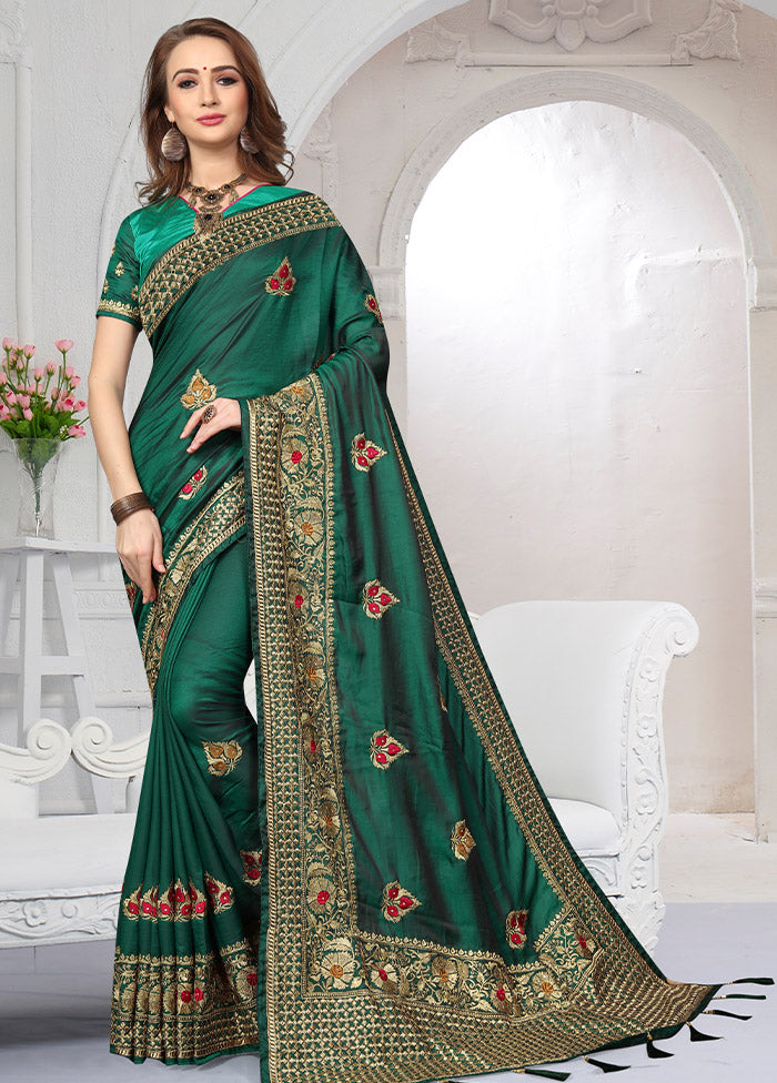 Pine Green Dupion Silk Saree With Blouse Piece