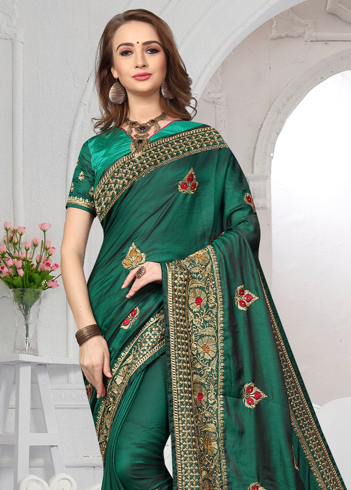 Pine Green Dupion Silk Saree With Blouse Piece