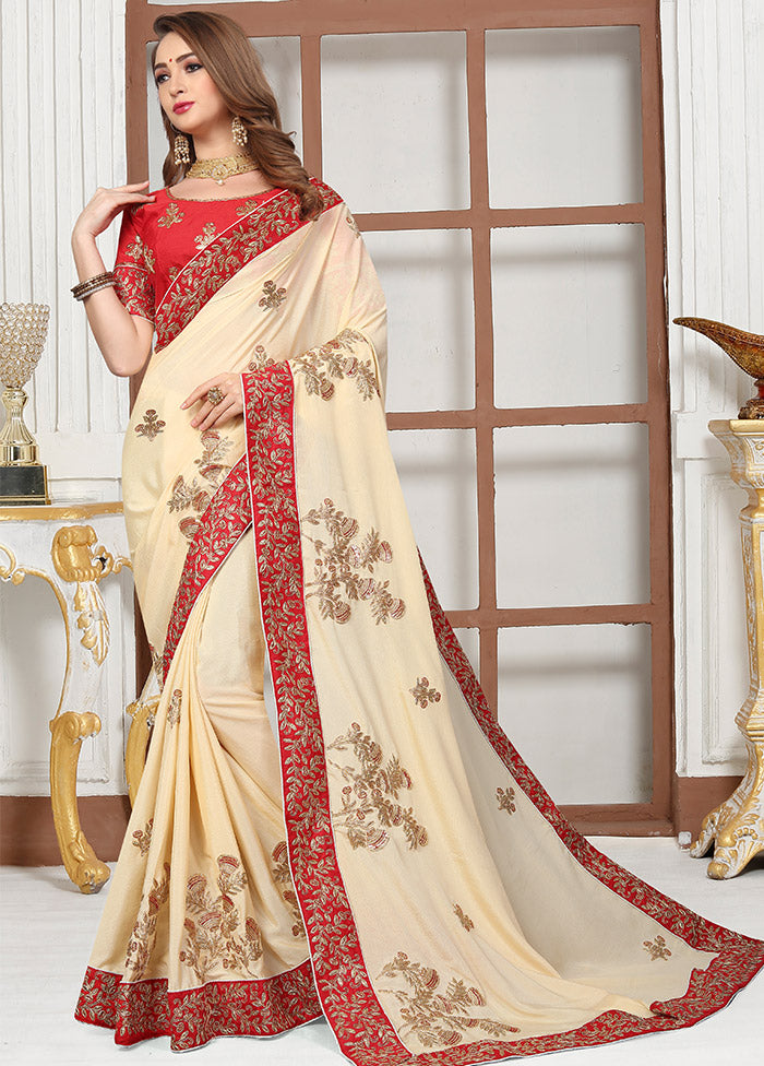 Cream Chiffon Silk Saree With Blouse Piece