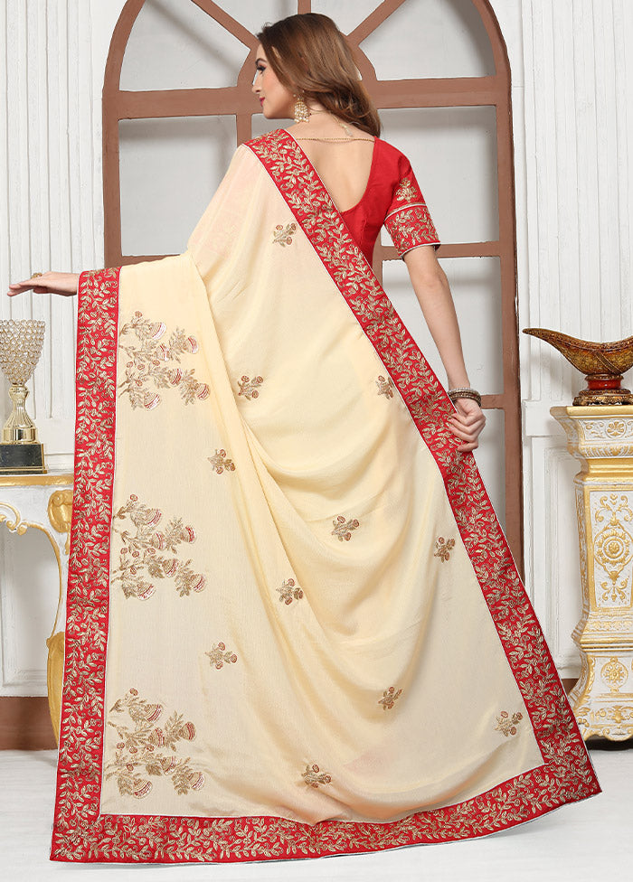 Cream Chiffon Silk Saree With Blouse Piece