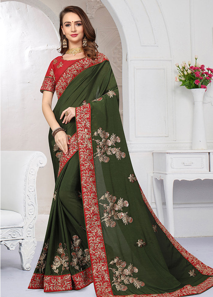 Olive Green Chiffon Silk Saree With Blouse Piece