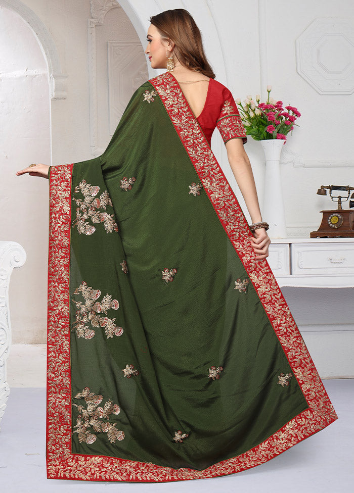 Olive Green Chiffon Silk Saree With Blouse Piece