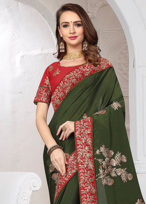 Olive Green Chiffon Silk Saree With Blouse Piece