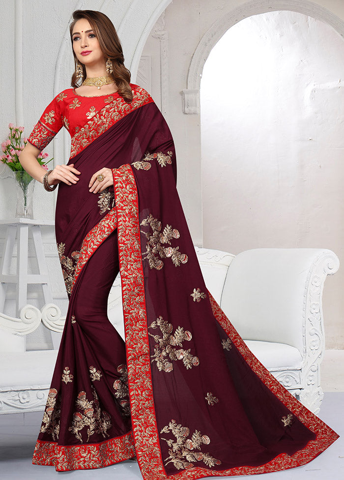 Burgundy Chiffon Silk Saree With Blouse Piece