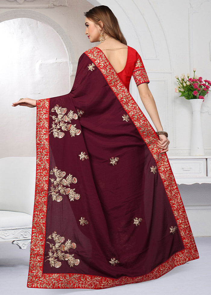 Burgundy Chiffon Silk Saree With Blouse Piece