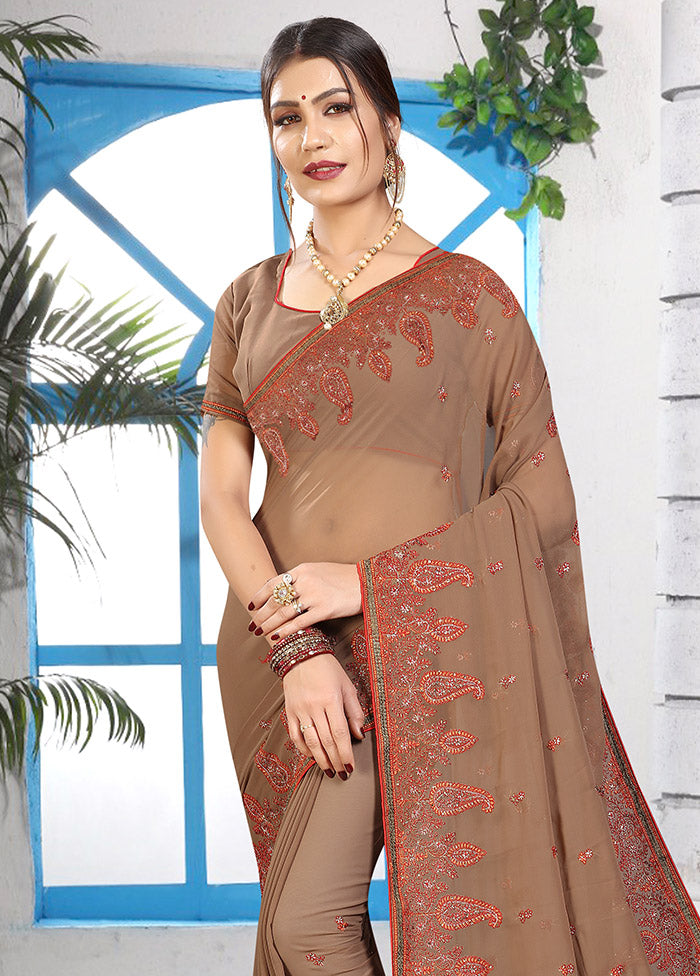 Brown Georgette Saree With Blouse Piece