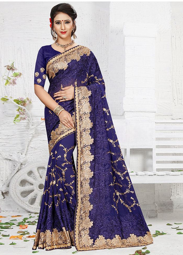 Navy Blue Georgette Saree With Blouse Piece