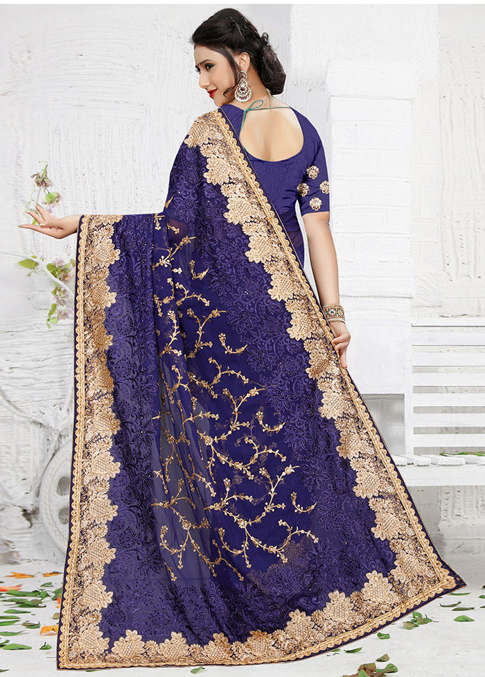 Navy Blue Georgette Saree With Blouse Piece