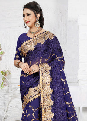 Navy Blue Georgette Saree With Blouse Piece