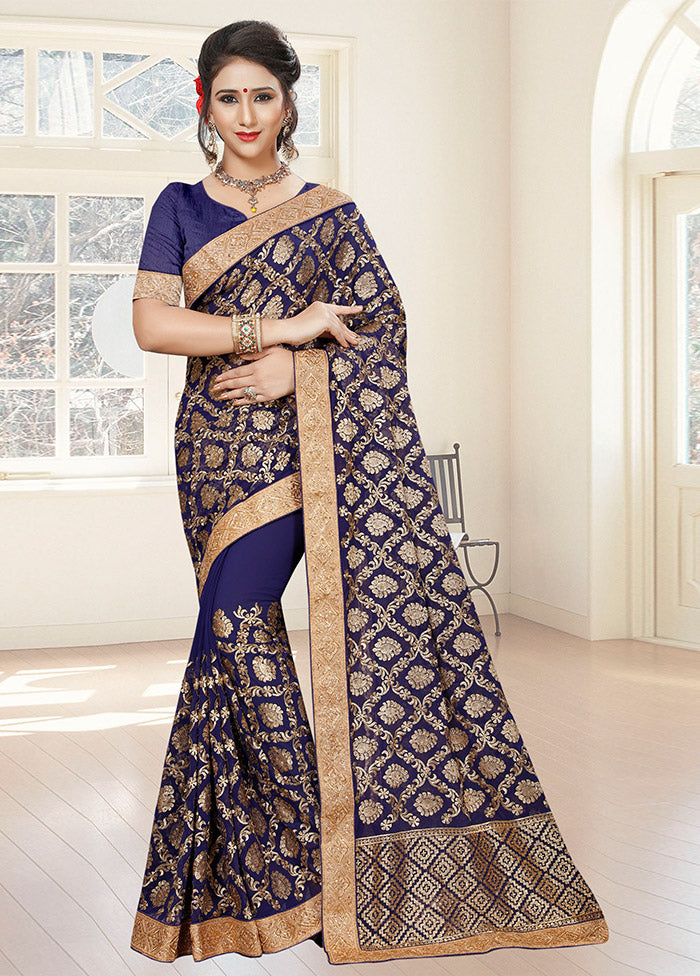 Navy Blue Georgette Saree With Blouse Piece