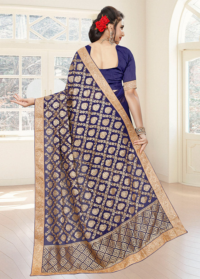 Navy Blue Georgette Saree With Blouse Piece