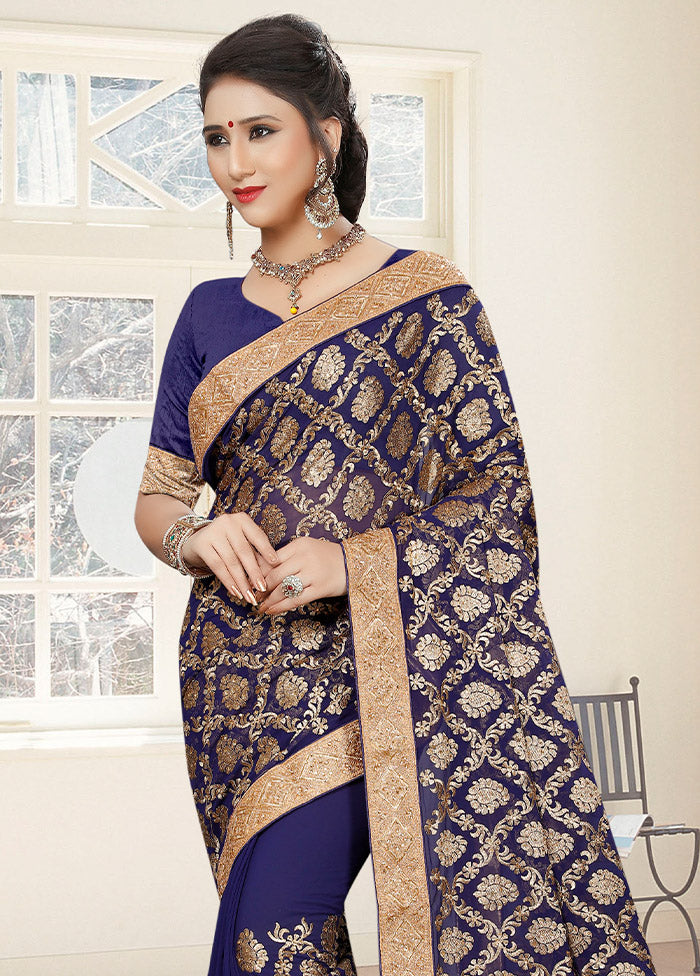 Navy Blue Georgette Saree With Blouse Piece