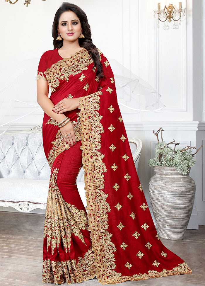 Red Dupion Silk Saree With Blouse Piece