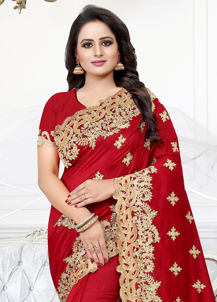 Red Dupion Silk Saree With Blouse Piece