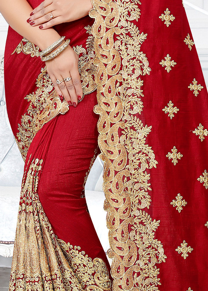 Red Dupion Silk Saree With Blouse Piece