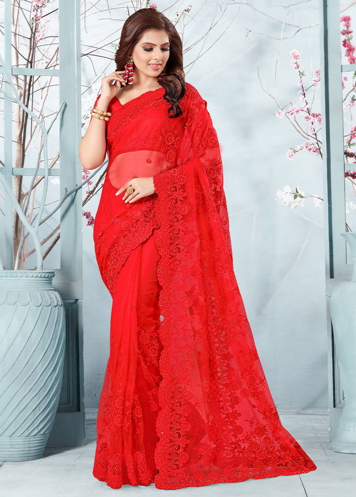 Red Organza Saree With Blouse Piece