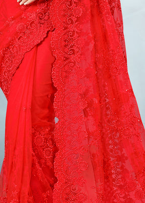 Red Organza Saree With Blouse Piece