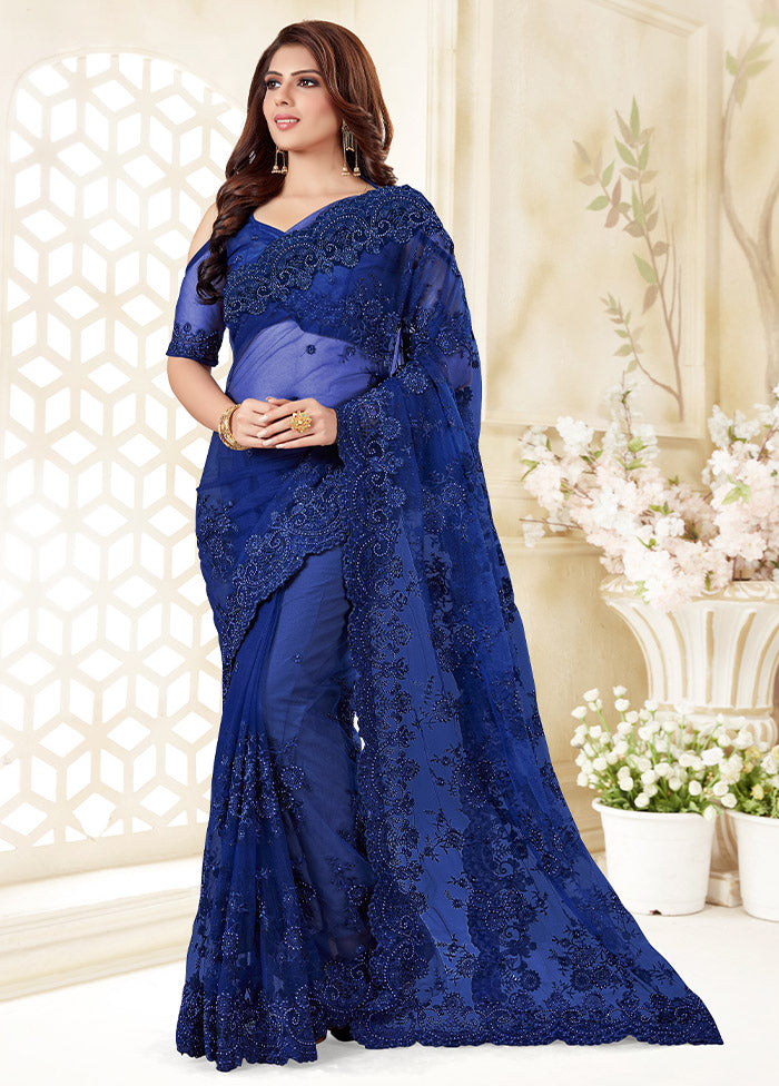 Royal Blue Organza Saree With Blouse Piece