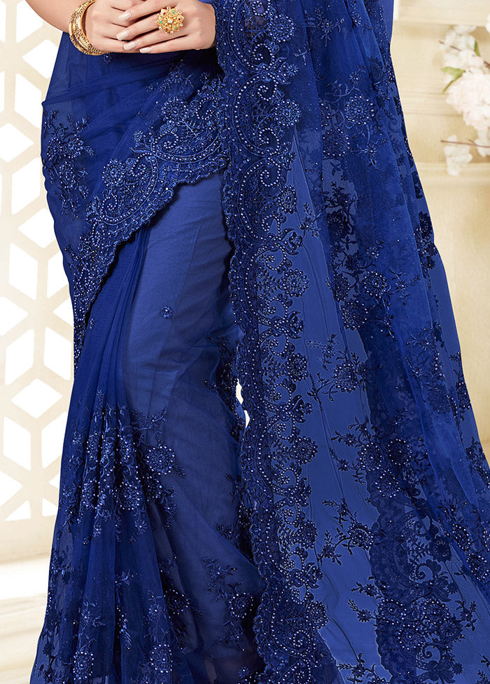 Royal Blue Organza Saree With Blouse Piece