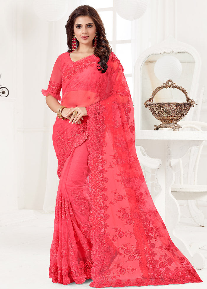 Dark Pink Organza Saree With Blouse Piece