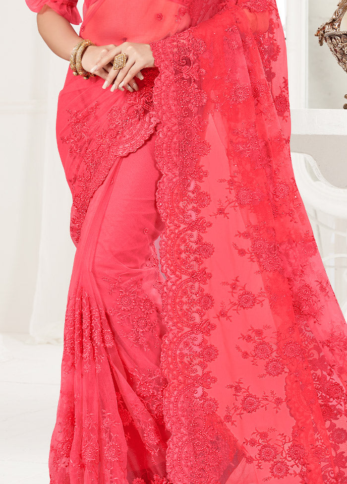 Dark Pink Organza Saree With Blouse Piece