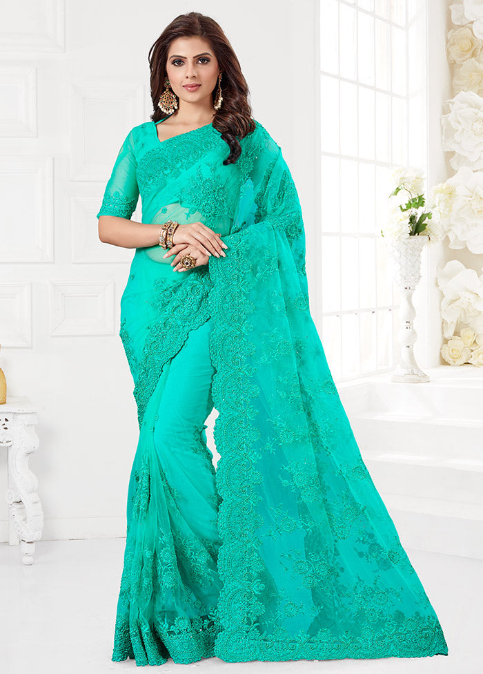 Sea Green Organza Saree With Blouse Piece