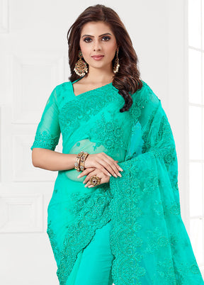 Sea Green Organza Saree With Blouse Piece