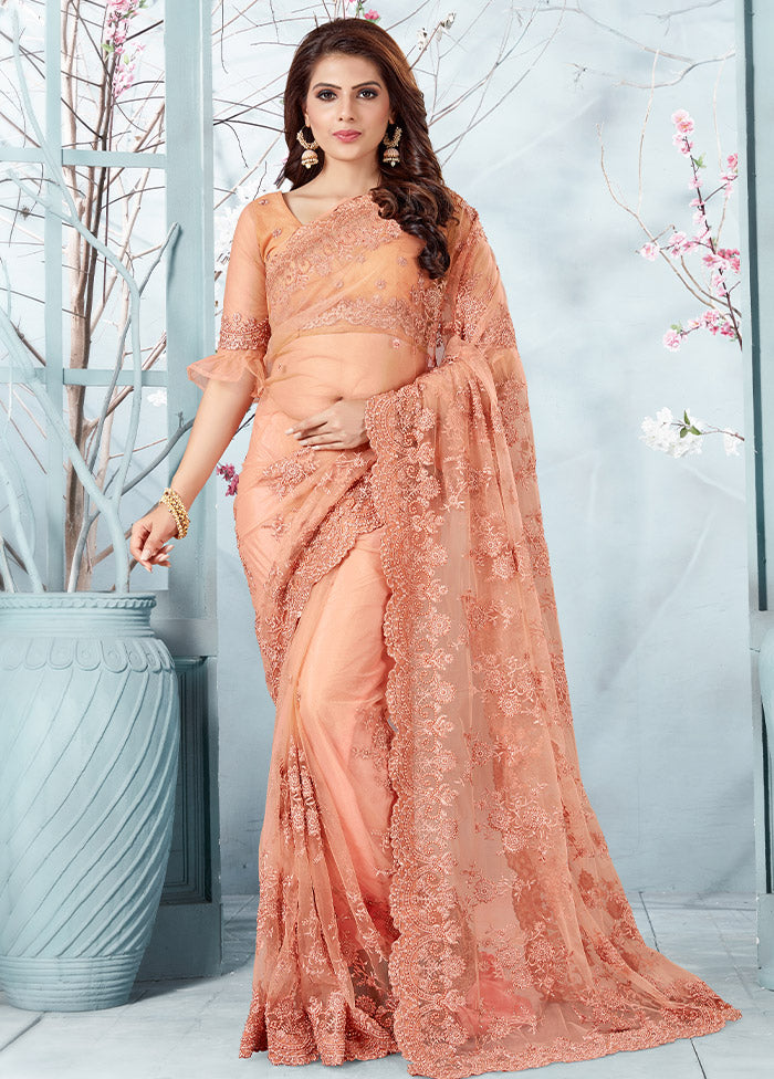 Peach Organza Saree With Blouse Piece