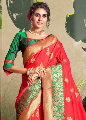 Red Dupion Silk Saree With Blouse Piece