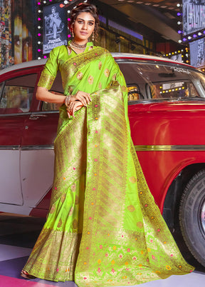 Parrot Green Dupion Silk Saree With Blouse Piece