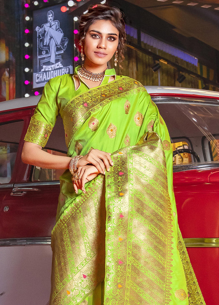 Parrot Green Dupion Silk Saree With Blouse Piece