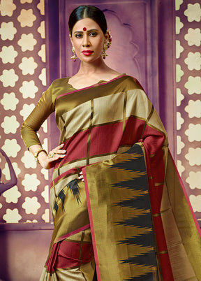 Olive Green Dupion Silk Saree With Blouse Piece