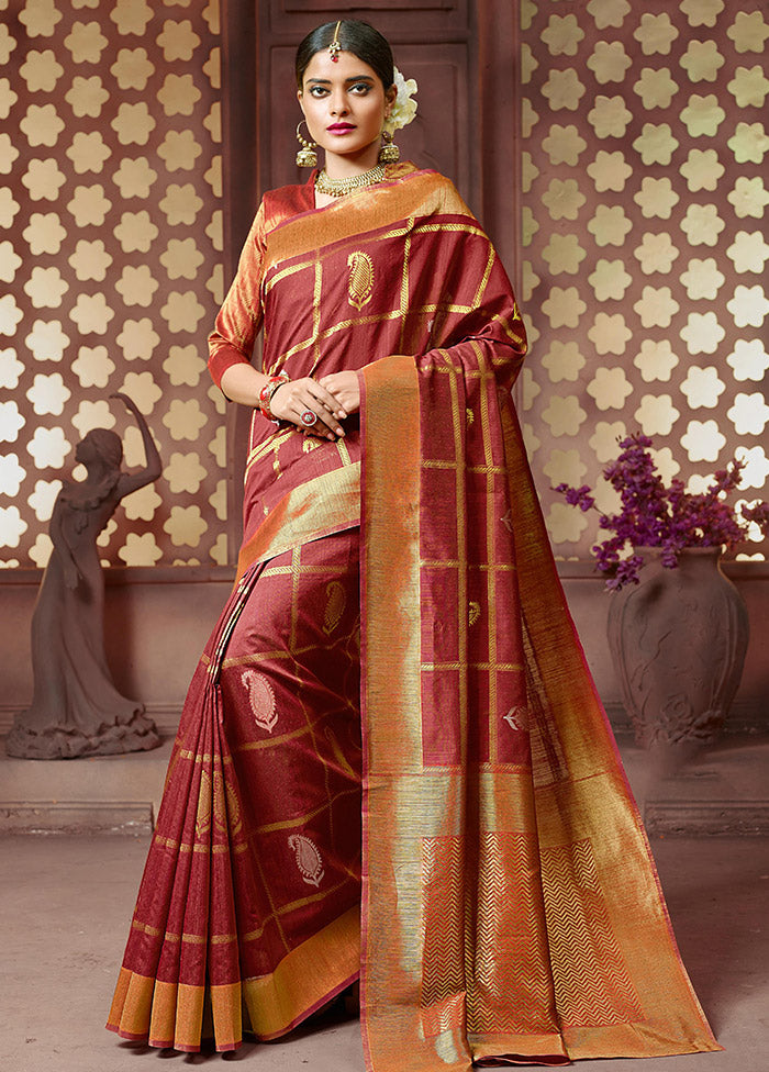 Maroon Dupion Silk Saree With Blouse Piece