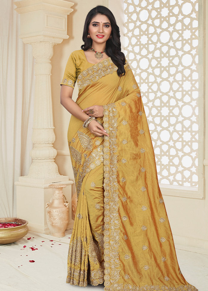 Yellow Dupion Silk Saree With Blouse Piece