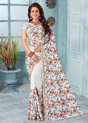 White Georgette Saree With Blouse Piece