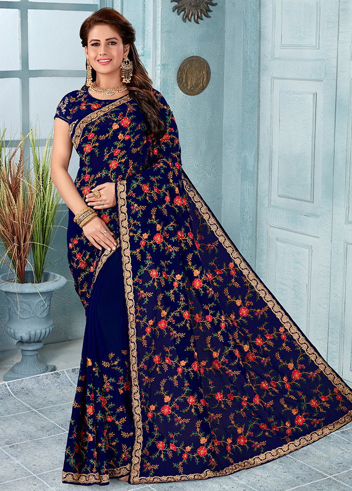 Navy Blue Georgette Saree With Blouse Piece