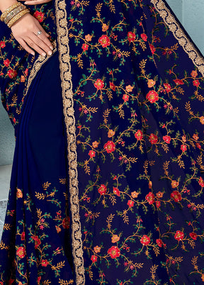 Navy Blue Georgette Saree With Blouse Piece