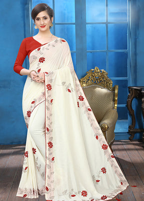 White Dupion Silk Saree With Blouse Piece