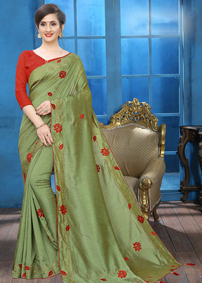 Olive Green Dupion Silk Saree With Blouse Piece