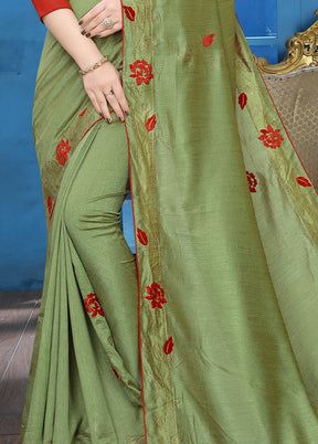 Olive Green Dupion Silk Saree With Blouse Piece